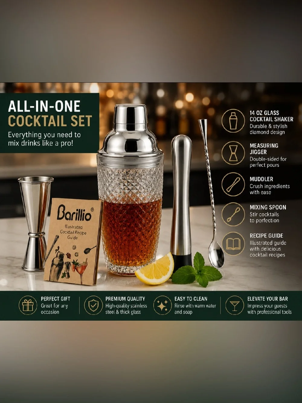 Silver & Clear Cocktail Shaker Set